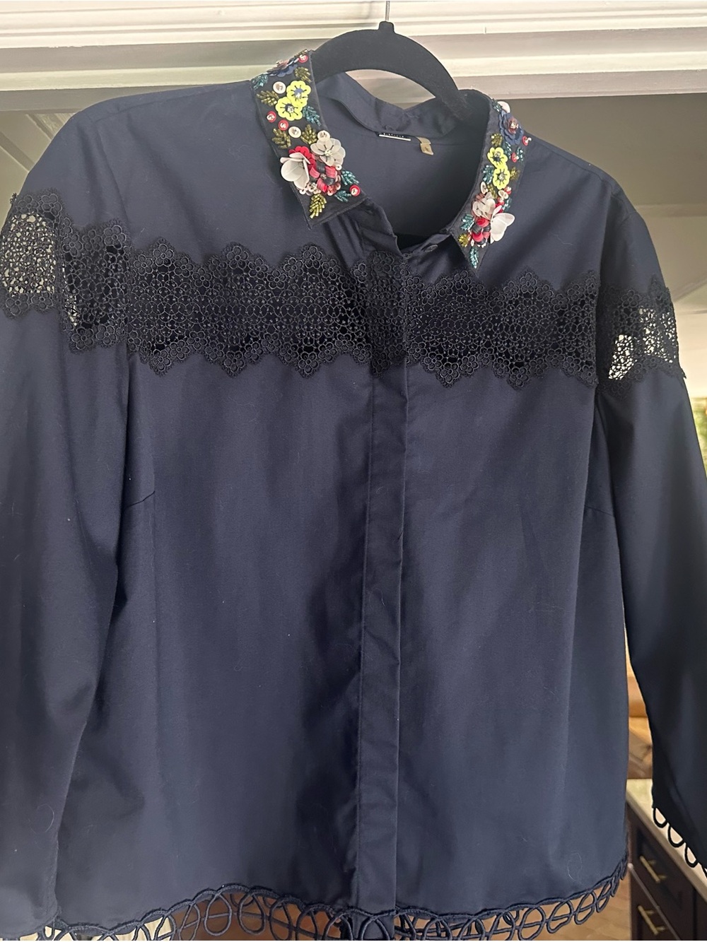 Navy Button-Up Jacket with Embellished Floral Collar